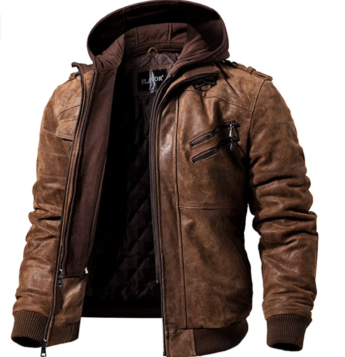 FLAVOR Veste de moto en cuir brun pour hommes avec capuche amovible