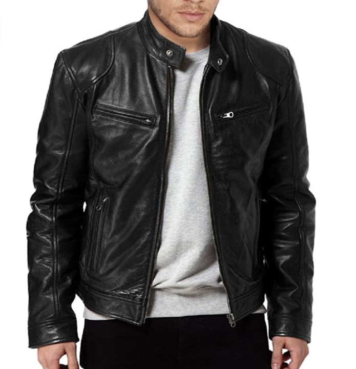 The Leather Factory Men's SWORD Black Genuine Lambskin Leather Biker Jacket