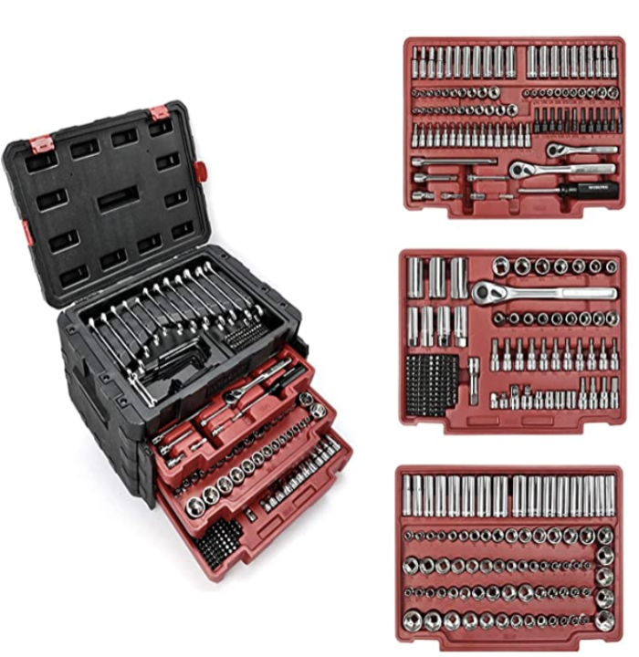 WORKPRO Kit d'outils de mécanique de 450 pièces, kit d'outils professionnel universel avec boîte de rangement résistante.