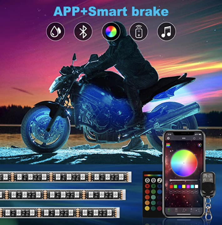 TACHICO 8pcs Motorcycle LED Lights Kits, APP Control RGB Smart Brake IP67