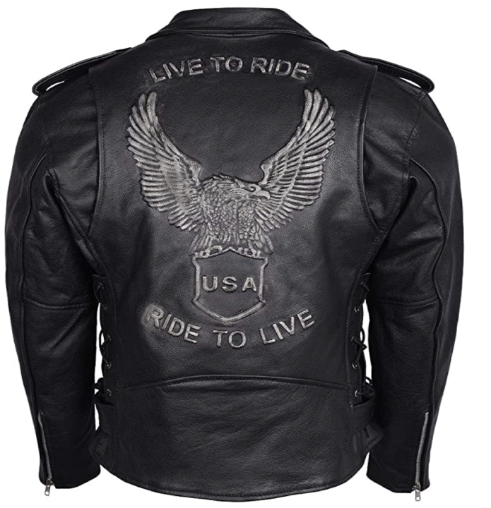 Men's Eagle Embossed Live To Ride - Ride To Live Classic Black Leather Motorcycle Biker Jacket