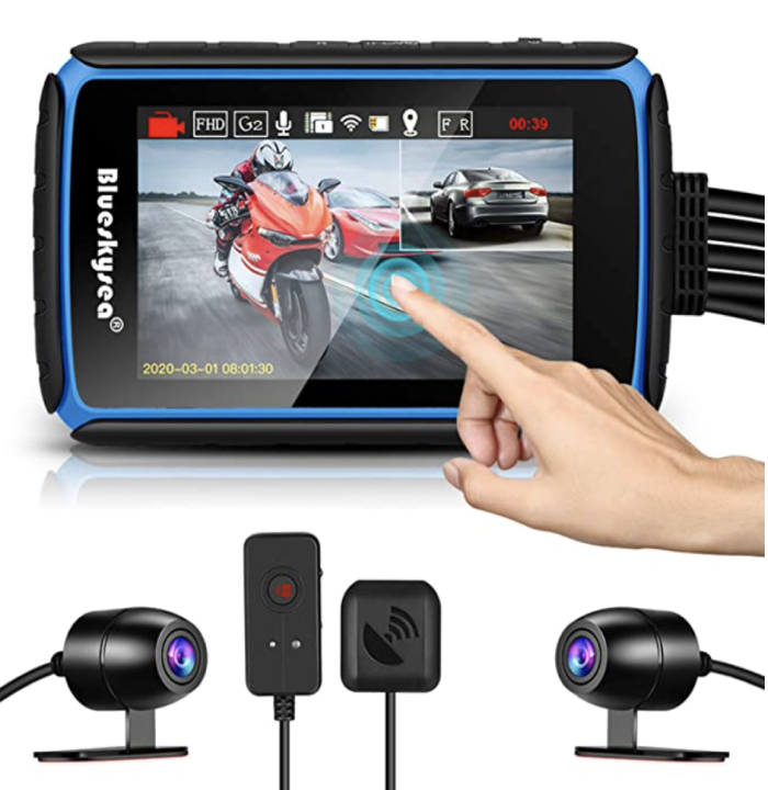 Cámara Dash Cam para Moto, Blueskysea DV988 1080p 30fps Gran Angular Dual 140 Grados 32 GB