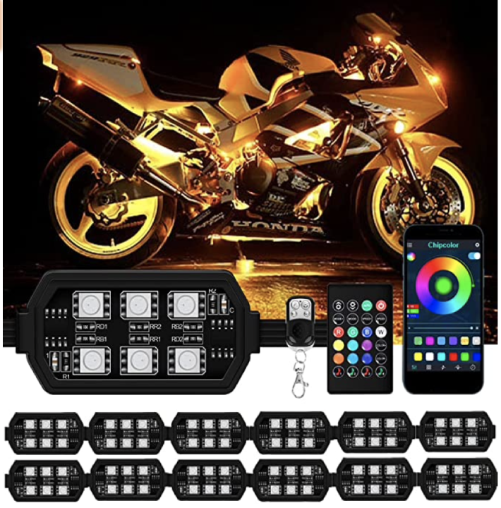 Chipcolor 12 Pcs Motorrad LED Licht Kit, APP_RF Steuerung MagicRGB Motorrad LED Lichter