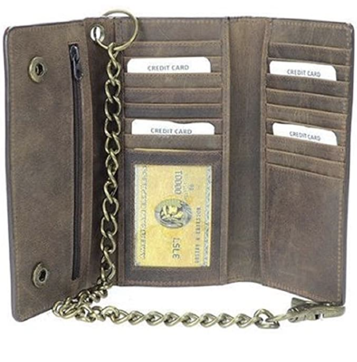 Sale RFID Premium Brown Leather Long Trifold Motorcycle Chain Checkbook Wallet