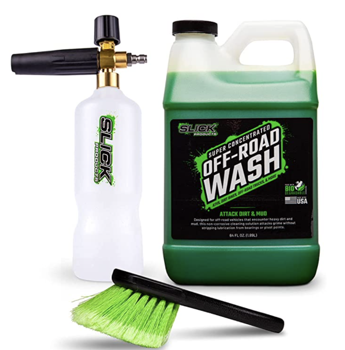 Slick Products Pressure Washer Foam Cannon, Scrub Brush, and Off-Road Wash Super Concentrated Extra-Thick Soap Removes Heavy Dirt and Mud From Dirt Bike