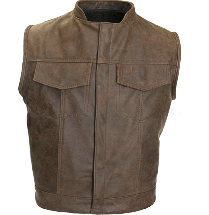 Made in USA Vintage Brown Leather SOA Style Stand Up Collar Motorcycle Vest Gun Pockets