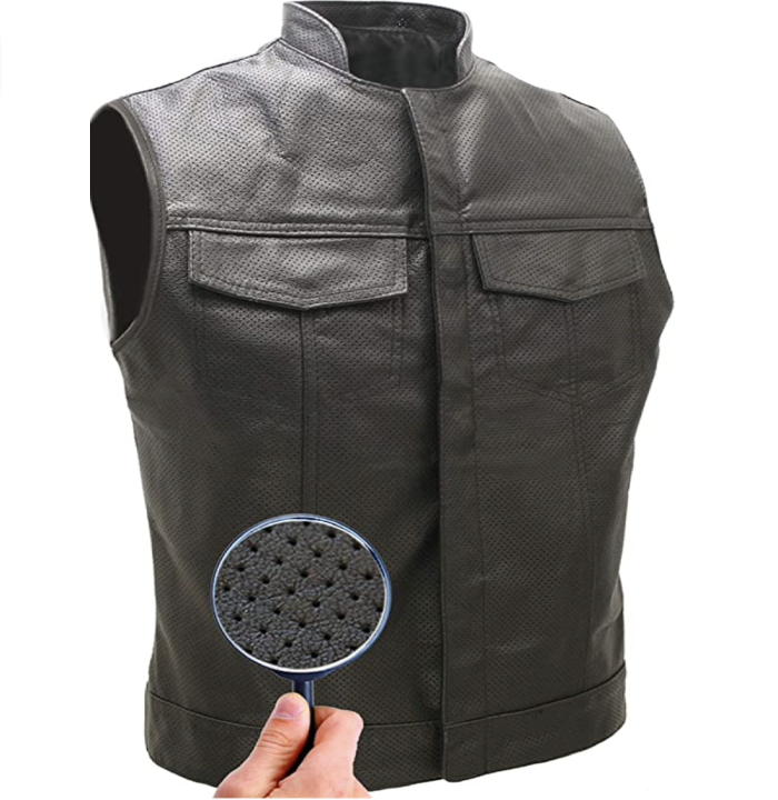 Made in USA Black Perforated Leather Stand Up Collar Motorcycle Vest Gun Pockets